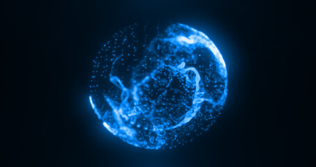 Abstract blue water glowing digital high-tech liquid futuristic energy plasma sphere with lines and particles on dark black background