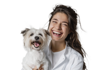Portrait of beautiful women hugging cute dog with smile and hppiness isolated on background, lovely moment of pet and owner.