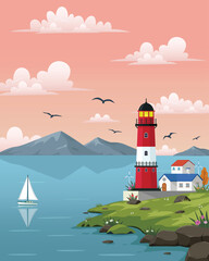 Lighthouse on rock stones island landscape, Mercusuar tower illustration in flat style
