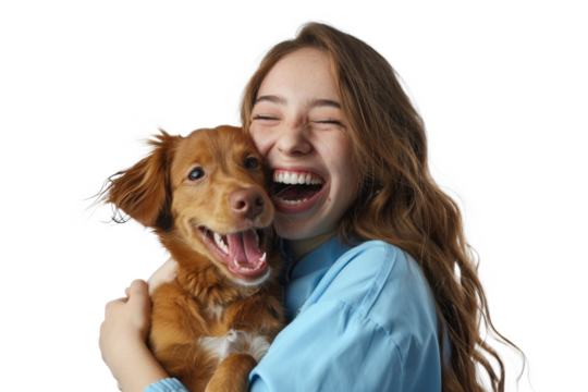 Portrait of beautiful women hugging cute dog with smile and hppiness isolated on background, lovely moment of pet and owner.