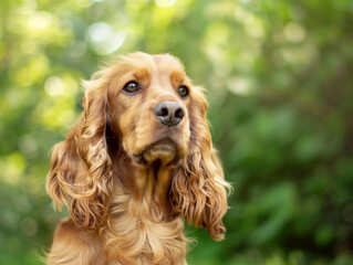 Cocker Spaniel with glossy ears and hopeful eyes, set against a lush, green background