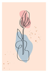 Minimalistic poster design with a flower in a vase on a beige background drawn in one line. Vector illustration
