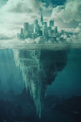 Fototapeta premium Iceberg on ocean surface hiding a hyperrealistic scifi futuristic city below