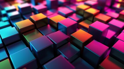 Witness the fusion of virtual technology with darkness and mystery unveiling a modern composition of minimalist cubes in a vibrant spectrum of 3D
