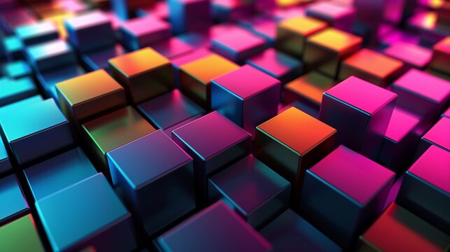 Witness The Fusion Of Virtual Technology With Darkness And Mystery Unveiling A Modern Composition Of Minimalist Cubes In A Vibrant Spectrum Of 3D