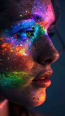 showcases a side profile of a person's face, illuminated by vibrant, multicolored light resembling sparkling glitter. Prominent colors include blues, greens, reds, and yellows, with small sp