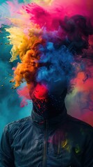 displays a person facing away from the camera, with their head completely obscured by a vibrant explosion of powder in various colors, including blue, pink, red, yellow, and purple. The colo