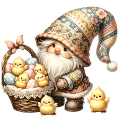 Watercolor Easter Cute Gnome with Basket Marshmallow Chicks.
