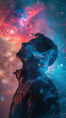 shows a profile view of a person's head and upper body with a cosmic sky superimposed onto their silhouette. The person  to be gazing upward, and the cosmic effect includes vibrant bl