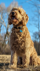 Fototapeta premium Golden doodles fluffy fur and cheerful demeanor, against the backdrop of a sunny day