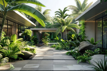 Fototapeta na wymiar 3D rendering of tropical house with many plants