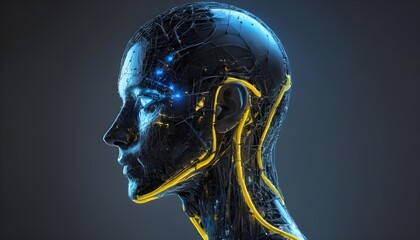 Side view of a humanoid head with blue and yellow eyes and vibrant neon neural network, representing futuristic technology and artificial intelligence