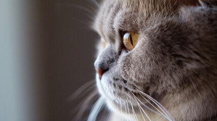 British Shorthair cat, detailed fur texture and stoic gaze, against a soft, blurred background