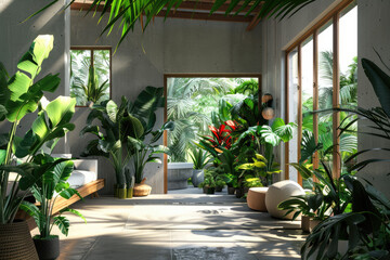 3D rendering of tropical house with many plants