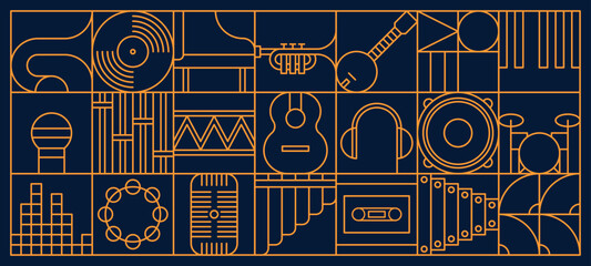 Music and entertainment abstract modern line geometric pattern, vector background. Musical instruments, guitar, vinyl and CD disk with music equalizer or microphone and piano in line geometric pattern © Vector Tradition