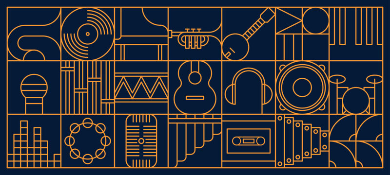 Music and entertainment abstract modern line geometric pattern, vector background. Musical instruments, guitar, vinyl and CD disk with music equalizer or microphone and piano in line geometric pattern