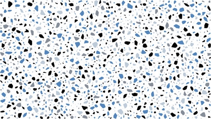 Blue, grey and black terrazzo ceramic tile pattern, terazo mosaic background, terazzo marble stone floor texture. Vector italian terazzo grey rock abstract pattern with marble and granite color pieces