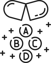 Pharmacy vitamin capsule or pill thin line icon. Pharmaceutical treatment, drugstore or pharmacy aid outline vector symbol. Medicine and health care outline icon with A, B, C and D vitamin capsule