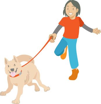 犬と散歩を楽しむ少女のイラスト