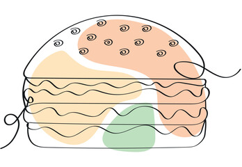 Burger in one line. Vector illustration of fast food, continuous line with colored spots, hand drawn.