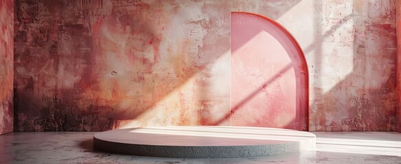 Warm-toned minimalist abstract scene with a circular podium, textured red walls, and a soft sunlight effect for sophisticated product showcasing.
