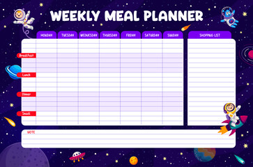 Weekly meal planner with galaxy space landscape, kid astronaut and alien. Vector week food plan for little explorers. Calendar menu template for tasty cosmic dishes and stellar culinary adventures