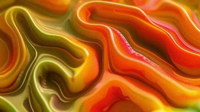 A macro shot focuses on the intricate patterns on a bell peppers skin almost resembling a maze of lines and ridges. The peppers glossy skin reflects the surrounding vibrant