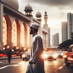 Young handsome Muslim man in traditional clothes walking in the street at sunset. Ramadan Kareem, travel, tourism and religion concept.