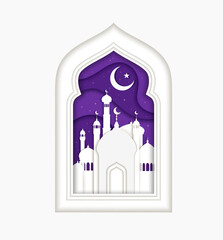 Ramadan Kareem, Eid Mubarak paper cut greetings card with muslim mosque arch window and crescent moon sky. Ramadan celebration, Eid Mubarak holiday or muslim religious paper cut vector concept