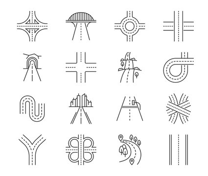Highway road line icons. Street, traffic, crossroad and tunnel route. Driveway, highway or asphalt path thin line vector symbols or pictograms, freeway crossroad and countryside road outline icons set