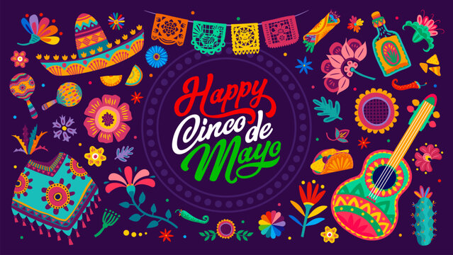 Cinco de Mayo banner with Mexican sombrero and poncho, guitar, tequila and vector papel picado flags. Cinco de Mayo holiday fiesta background with Mexican maracas and burrito in flowers ornament
