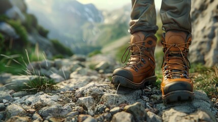 pair of sturdy hiking boots, brown in color, are seen stepping on a rocky trail, symbolizing the spirit of adventure and exploration