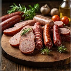 A medley of cold cuts from different sausages.