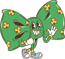 Cartoon retro green bow tie groovy character, saint patrick day holiday personage. Isolated vector cheerful necktie with a wide grin, expressive eyes and dapper boots, exuding festive charm and whimsy