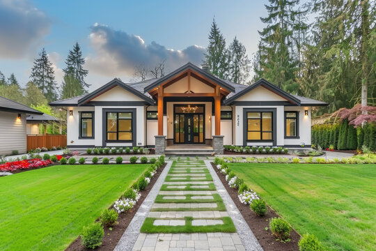 Beautiful exterior of newly built luxury home. Yard with green grass and walkway lead to ornately designed covered porch and front entrance, flowers garden