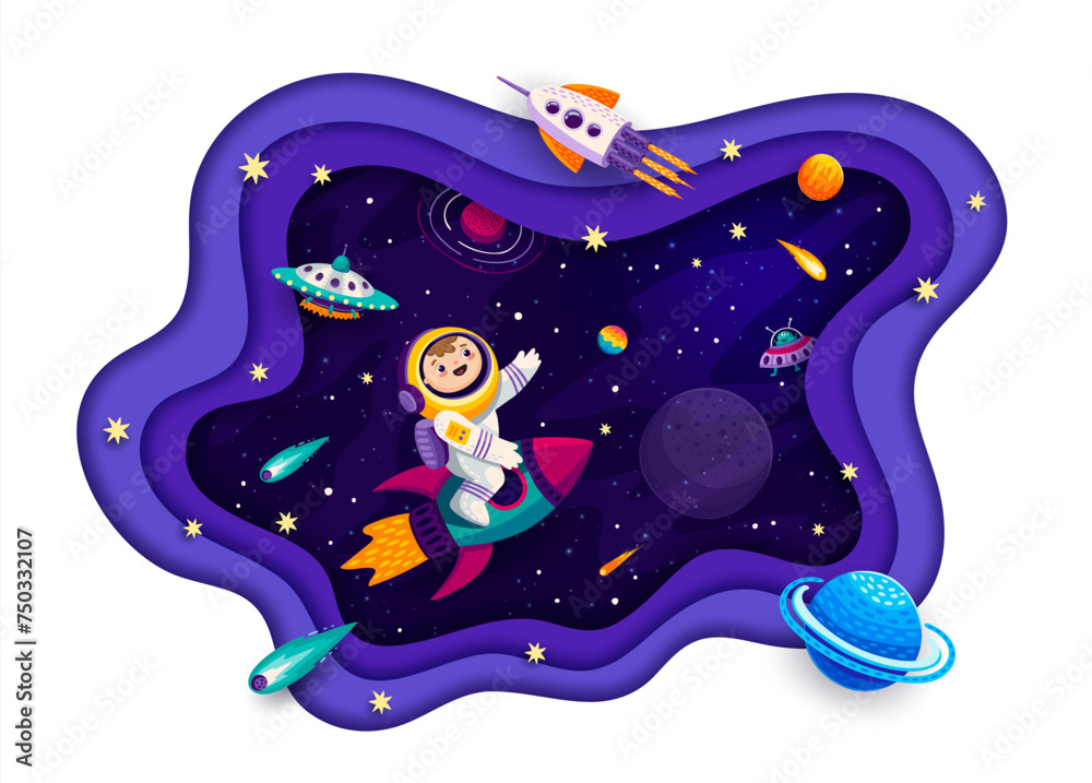 Poster galaxy space paper cut banner with kid astronaut on rocket, ufo and planets landscape, cartoon vecto