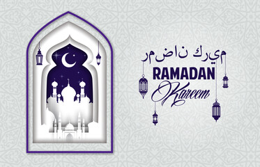 Ramadan Kareem Eid Mubarak paper cut holiday banner with mosque arabian arch window and crescent moon. Ramadan greeting, muslim religious or arabic celebration paper cut vector cover or banner
