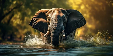 Foto op Canvas Elephant Joyously Sprays Water With Its Trunk Cooling Off Lush River Habitat © haya