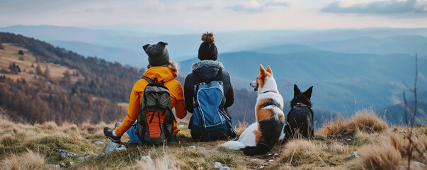 Active family and dogs hiking in mountains, adventure and bonding