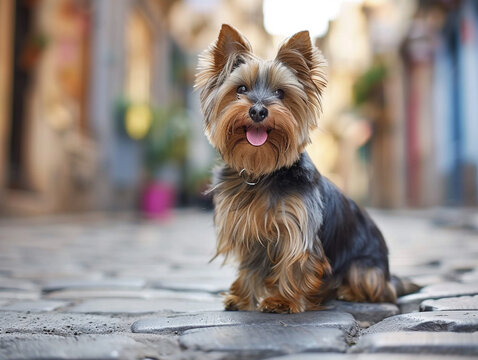 Yorkshire Terrier with glossy, fine fur and a lively expression, in a chic urban setting