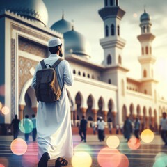 Muslim man walking in front of the mosque. eid fitr, religion, travel and Ramadan Kareem background concept.