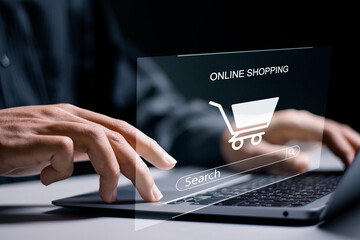 Person use laptop with online shopping website on virtual screen. online purchase, ecommerce store, online business, shopping on the internet and Business ecommerce concept.