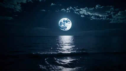 A full moon hangs in the night sky, casting an eerie glow on a peaceful lake - Powered by Adobe