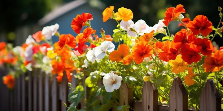 Vibrant Nasturtiums Spill White Picket Fence Riot Color Cottage Garden