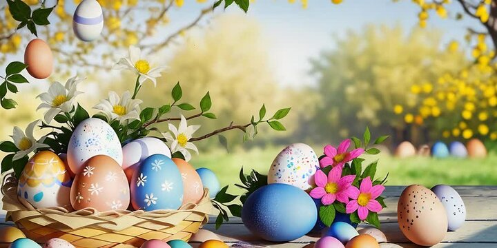 Easter background with colorful eggs ant spring flowers on green background