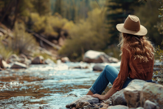 woman enjoys in fresh air while relaxing by mountain creek