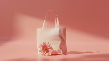 a pink tote bag featuring a pink flower sits on a light pink background