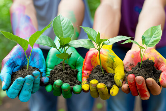 Unrecognizable people holding budding plants in their multi-colored hands, making a difference