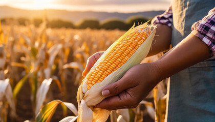 Soft orange sunlight with the farmer's hand holds a corn cob amidst the dry corn field