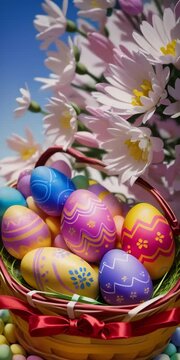 Close up of Easter eggs in the basket, pink flowers on background.